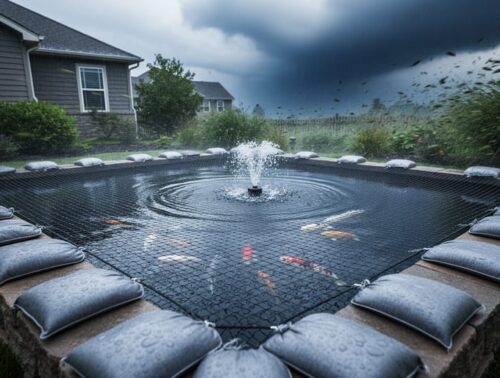 Backyard koi pond secured for an approaching storm with protective netting, sandbags, and a bubbling aerator, with dark clouds and a blurred house and garden in the background.