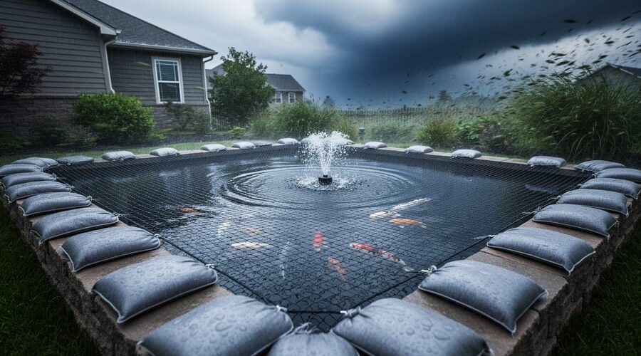 Backyard koi pond secured for an approaching storm with protective netting, sandbags, and a bubbling aerator, with dark clouds and a blurred house and garden in the background.