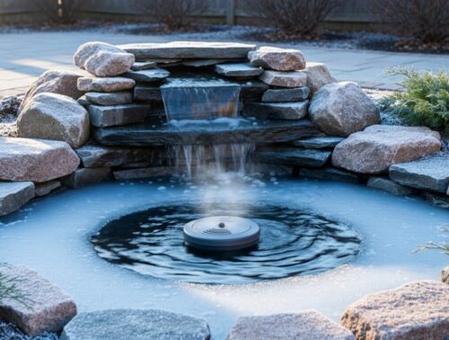 Eye-level wide shot of a backyard slate and granite waterfall pond gently running in winter, with a small floating de-icer maintaining an open circle in thin ice, evergreens and leafless shrubs in the background.