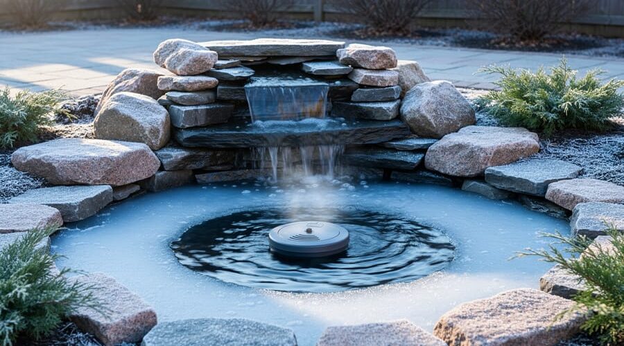 Eye-level wide shot of a backyard slate and granite waterfall pond gently running in winter, with a small floating de-icer maintaining an open circle in thin ice, evergreens and leafless shrubs in the background.