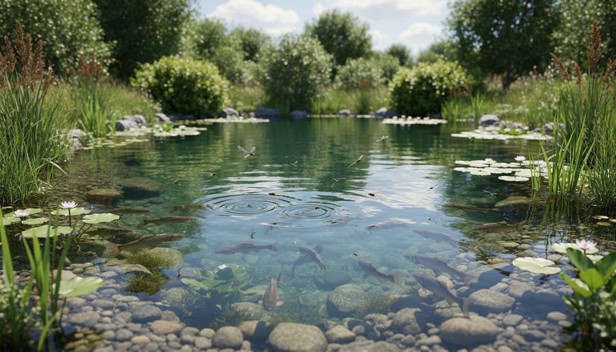 Overhead view of balanced backyard pond with koi fish, water lilies, and aquatic plants in clear water