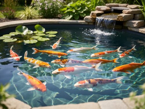 Medium-wide view from slightly above of a clear backyard pond with koi and goldfish swimming actively, stone edging and lily pads around the rim, and a small waterfall filter return under soft morning light.