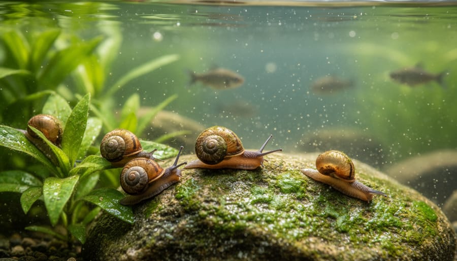 Close-up of pond snails on submerged rock performing natural cleaning functions