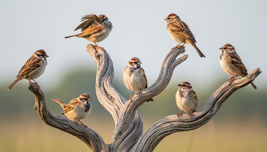 Small songbird perched on driftwood branch extending over pond water