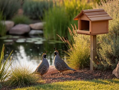 Two California quail near the edge of a backyard pond in a native waterside garden, with a low wooden nesting box on a short post partially hidden in shrubs, lit by warm early-morning sunlight.