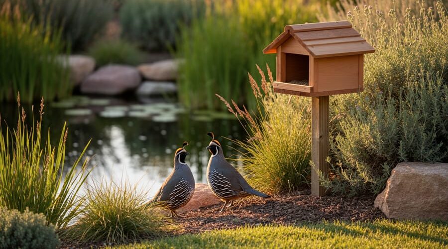 Two California quail near the edge of a backyard pond in a native waterside garden, with a low wooden nesting box on a short post partially hidden in shrubs, lit by warm early-morning sunlight.
