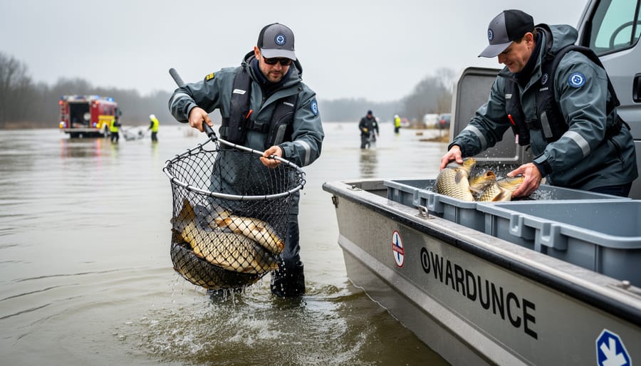 Pond owner using soft mesh net to carefully catch ornamental koi fish