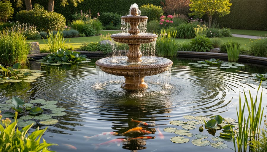 Multi-tiered stone fountain with flowing water surrounded by lush aquatic plants in garden pond