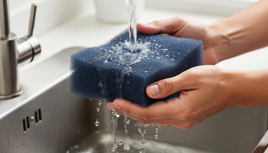 Hands cleaning blue filter foam under running water showing maintenance process