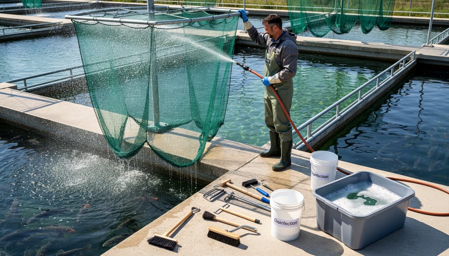Hands in gloves cleaning fishing net under running water