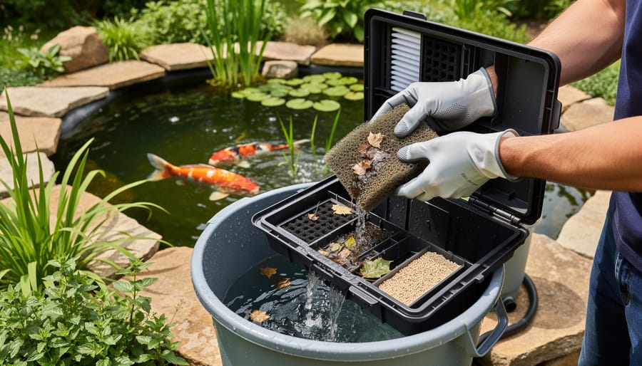Hands cleaning external pond filter media in bucket of pond water during routine maintenance