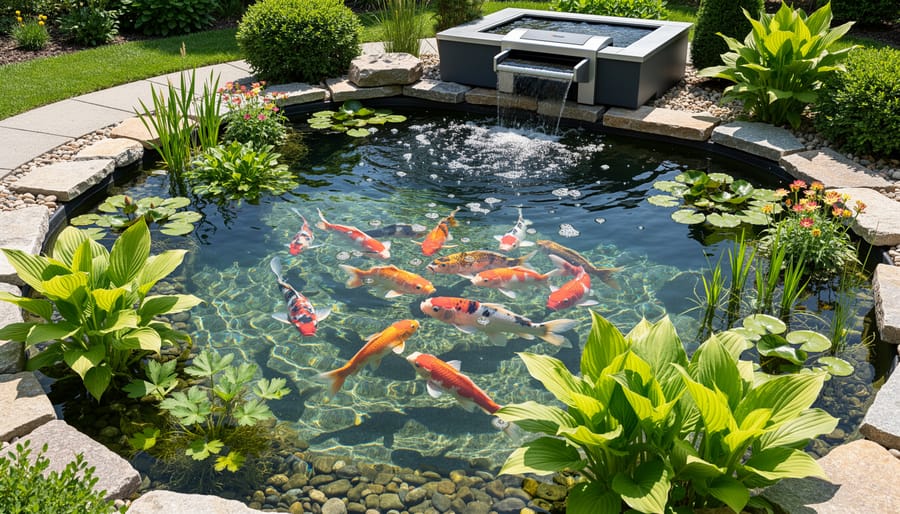 Colorful koi fish swimming in crystal clear pond water with visible plants and stones