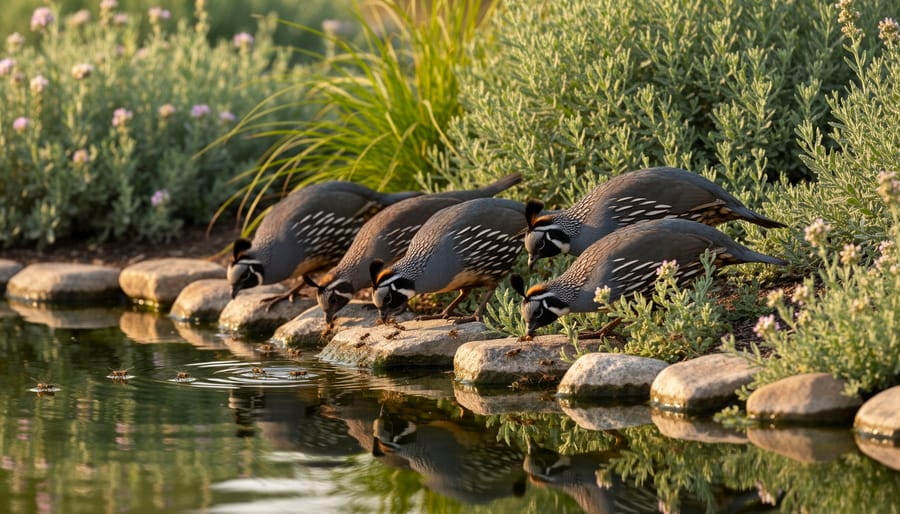 California quail near backyard pond with native plants and water features