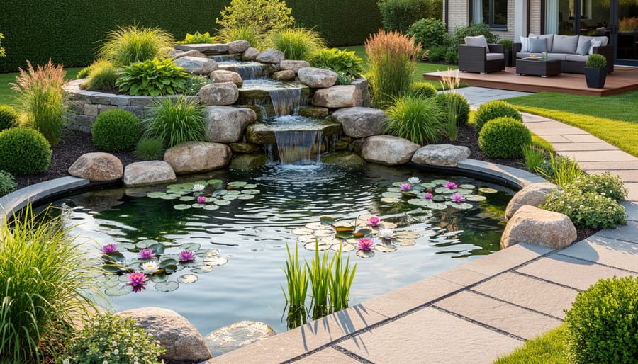 Completed backyard pond with waterfall, water lilies, and natural stone landscaping