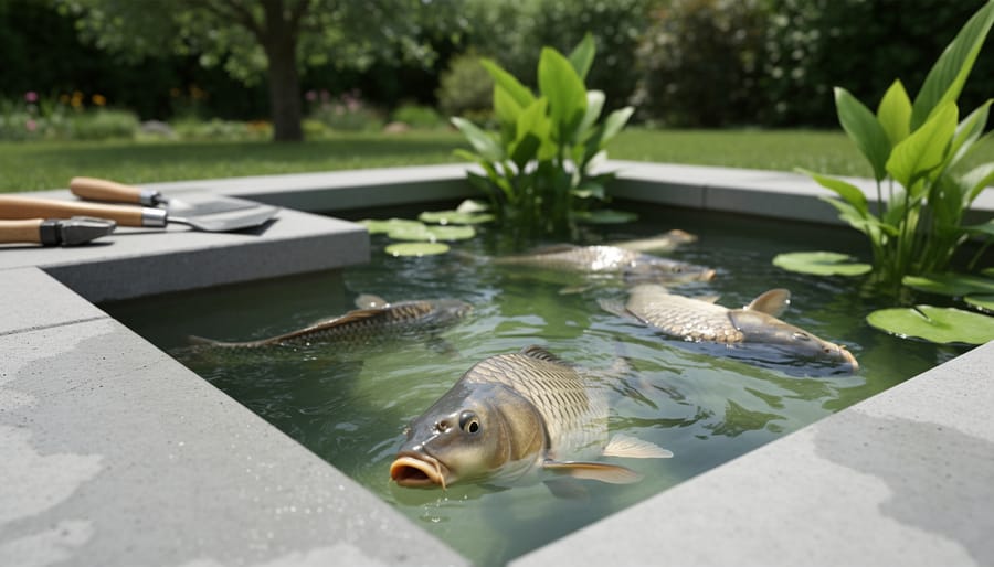 Dead koi fish in pond affected by high pH levels from concrete leaching