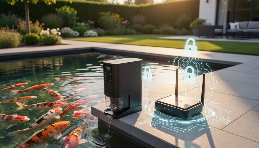 WiFi-enabled automatic fish feeder mounted on pond edge with connectivity indicator light