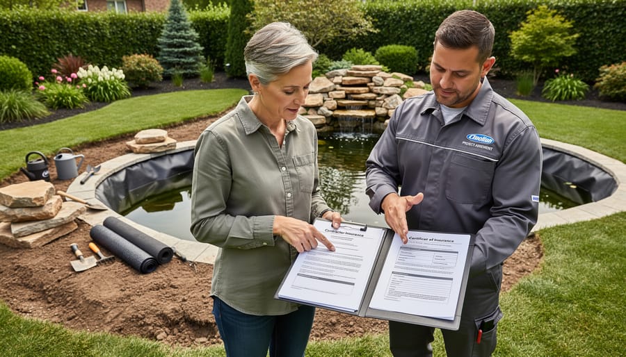 Contractor reviewing insurance certificates at pond construction site