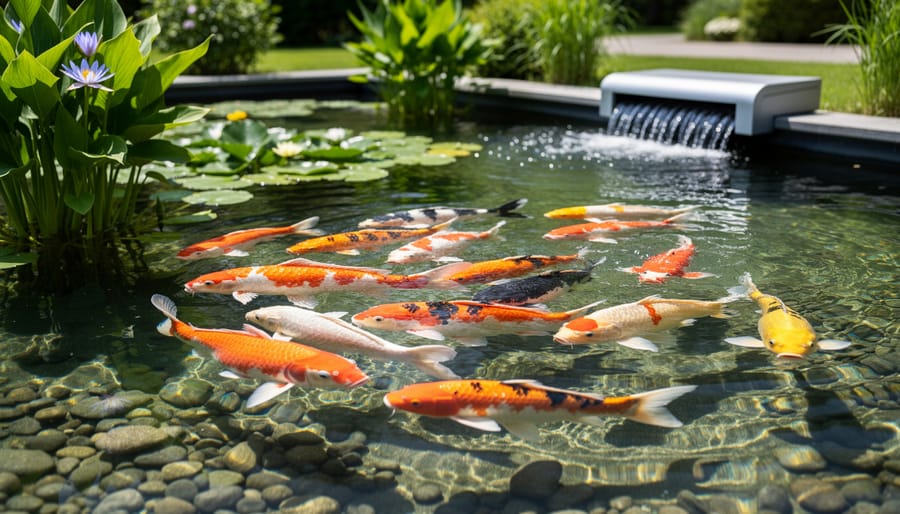 Crystal clear koi pond with healthy fish swimming among water plants