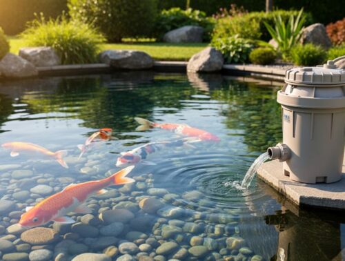 Eye-level view of a crystal-clear backyard koi pond with colorful koi and river stones visible beneath the surface, next to a compact unbranded diatomaceous earth filter canister, in warm golden hour light with garden plants softly blurred behind.