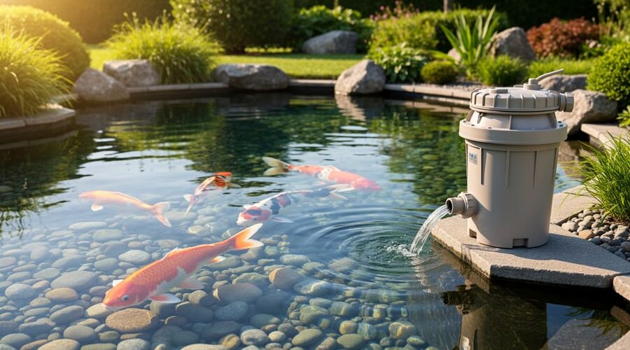Eye-level view of a crystal-clear backyard koi pond with colorful koi and river stones visible beneath the surface, next to a compact unbranded diatomaceous earth filter canister, in warm golden hour light with garden plants softly blurred behind.