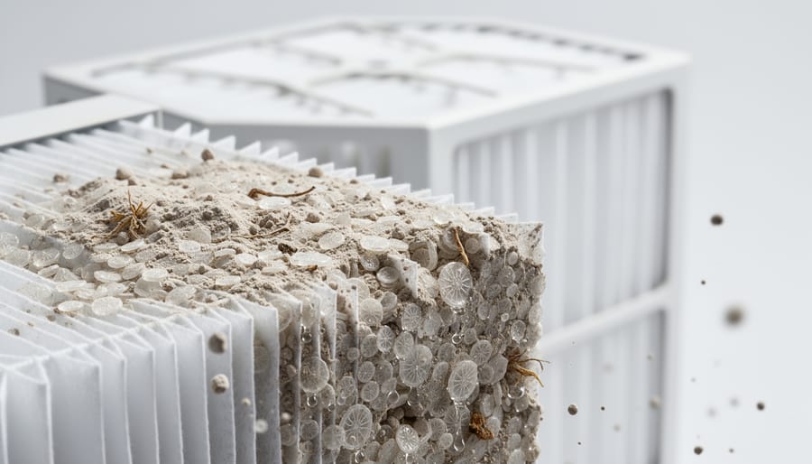 Close-up of white diatomaceous earth powder coating filter grids