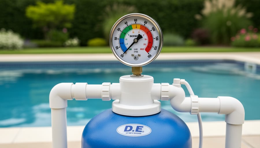 Pond owner checking pressure gauge on D.E. filter system