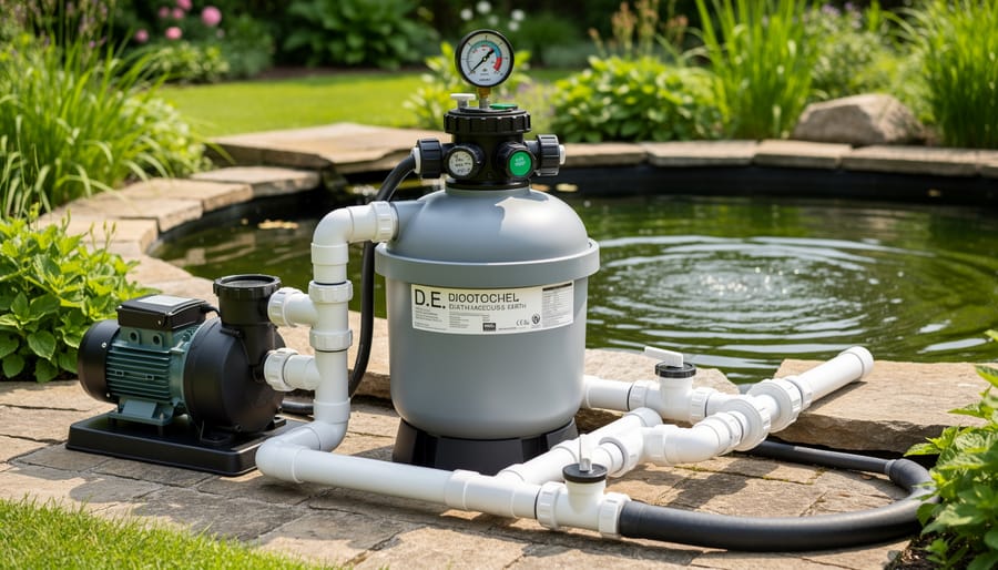 D.E. filter system equipment installed beside decorative garden pond