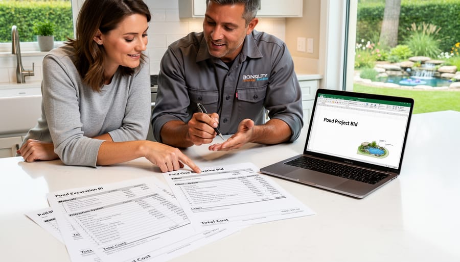 Contractor's hands with project plans and calculator during pond construction planning