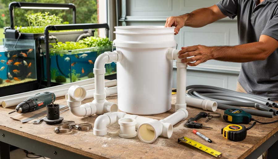Overhead view of PVC pipes, fittings, and tools laid out for DIY aquaponics filter construction