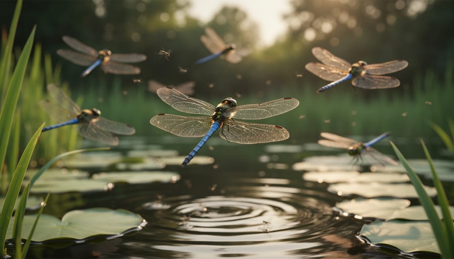 Close-up of blue dragonfly perched on cattail stem near pond water