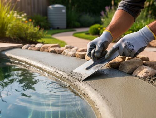 Gloved hands use a trowel to smooth fresh concrete along the edge of a clear backyard pond with stone edging and lush green plants in warm golden-hour light, with a rain barrel and garden path softly blurred in the background.