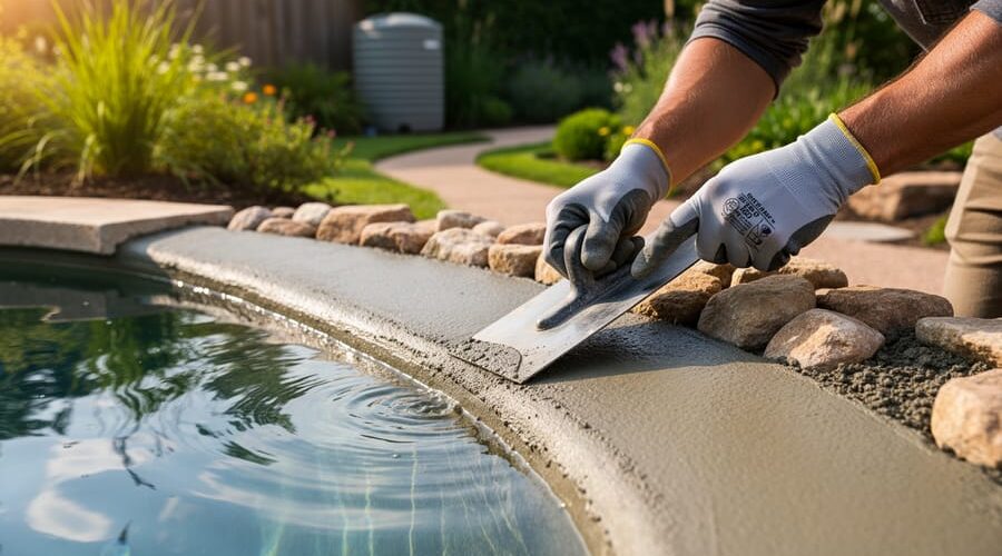 Gloved hands use a trowel to smooth fresh concrete along the edge of a clear backyard pond with stone edging and lush green plants in warm golden-hour light, with a rain barrel and garden path softly blurred in the background.