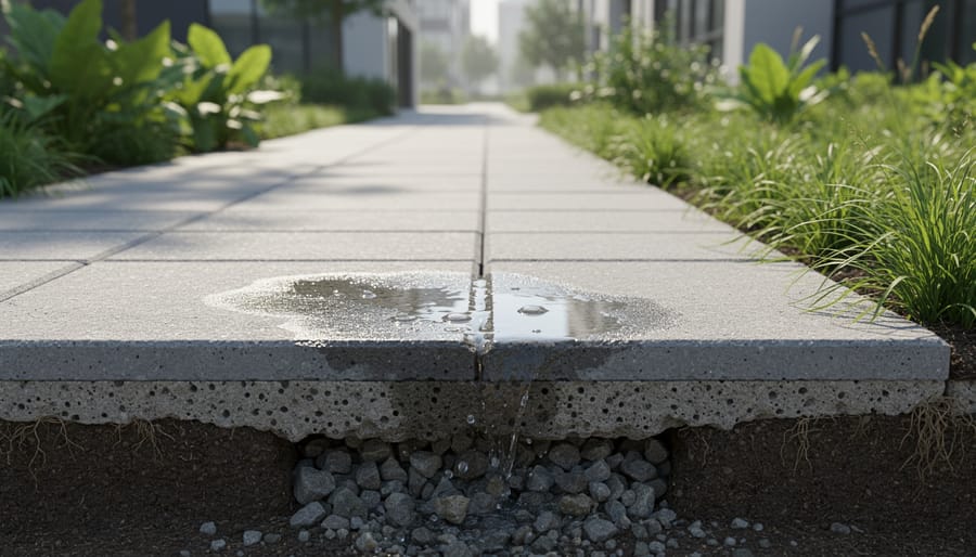Close-up of porous eco-friendly concrete showing permeable texture and recycled aggregates
