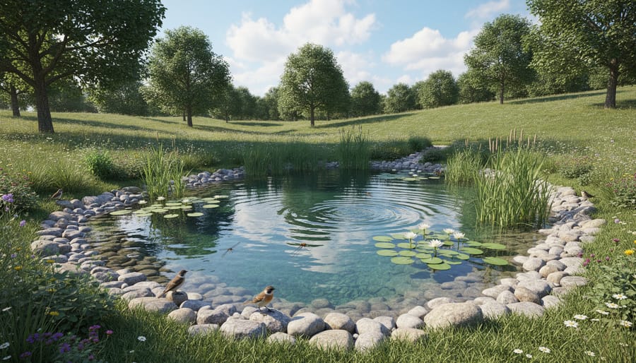 Natural backyard pond with native plants and lily pads surrounded by wildflower meadow