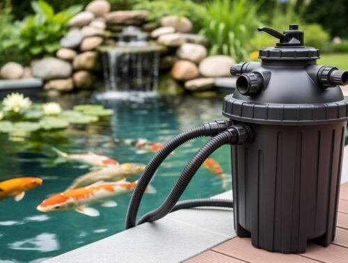 External pressurized pond filter with hoses installed beside a clear backyard koi pond; blurred background shows koi, water lilies, stone edging, and a small return waterfall.