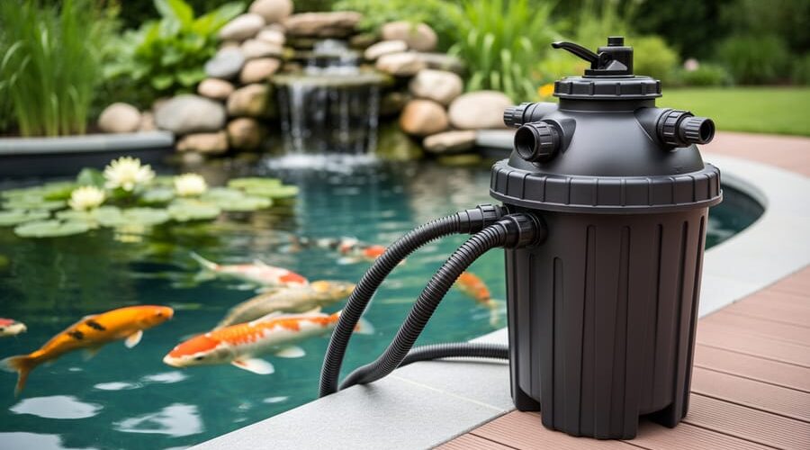 External pressurized pond filter with hoses installed beside a clear backyard koi pond; blurred background shows koi, water lilies, stone edging, and a small return waterfall.