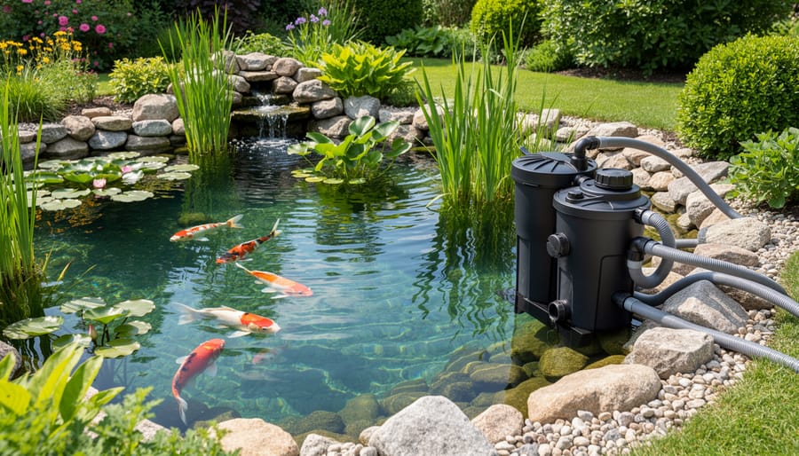External pond filter system installed beside garden pond with visible plumbing connections