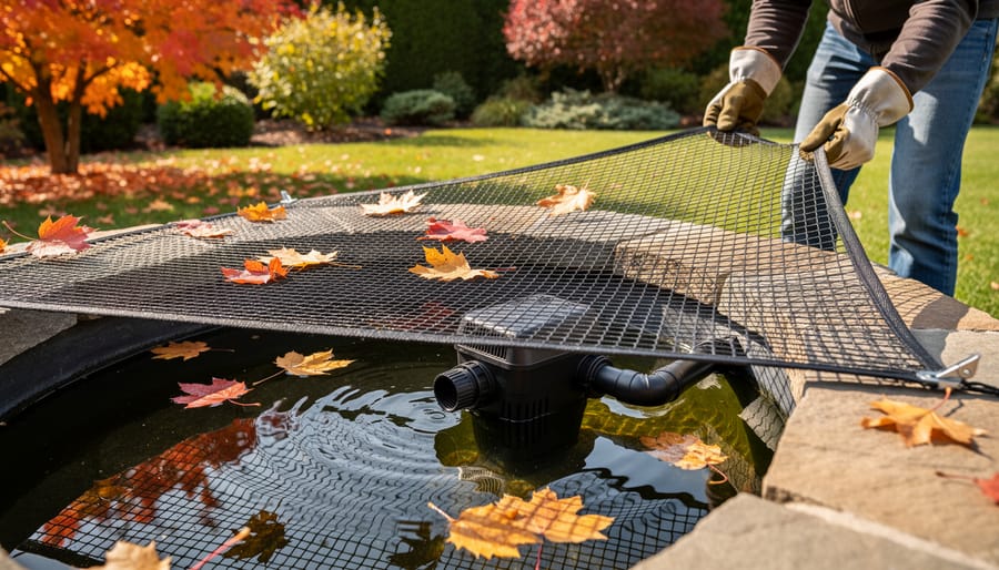 Waterfall feature with protective mesh netting catching autumn leaves