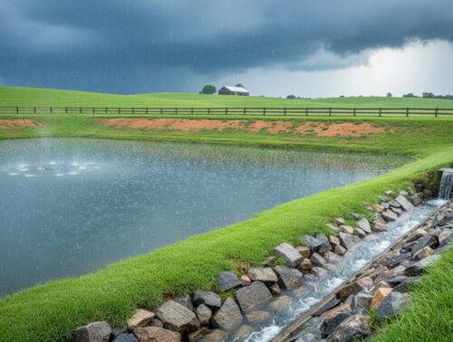 Farm pond with water flowing through a grass-lined, rock-armored spillway next to an earthen dam during a storm, with rolling pasture and a distant barn under gray clouds.