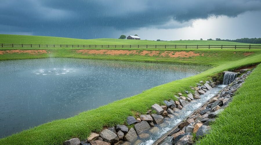 Farm pond with water flowing through a grass-lined, rock-armored spillway next to an earthen dam during a storm, with rolling pasture and a distant barn under gray clouds.