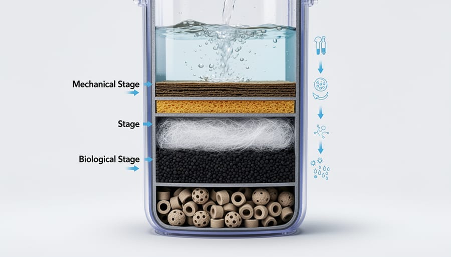 Cross-section view of pond filter showing layered arrangement of different filter media types