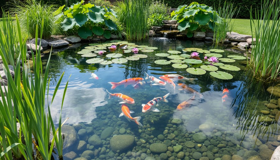 Koi fish swimming among water lilies and submerged plants in clear pond water