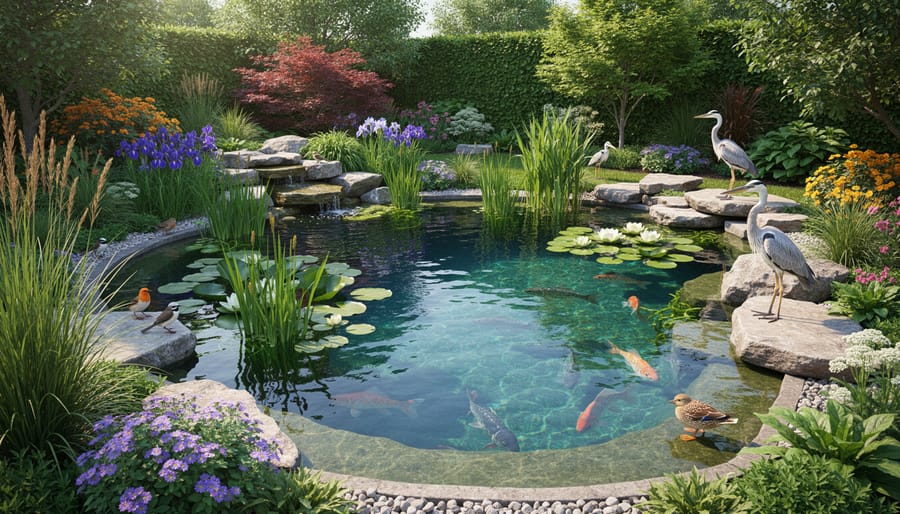 Koi fish swimming among protective pond plants and lily pads