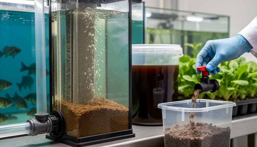 Close-up of settled fish waste solids in clear water showing separation of solid and dissolved waste