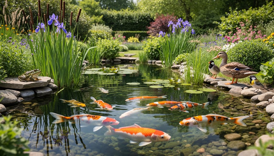 Koi and goldfish swimming among aquatic plants in clear pond water