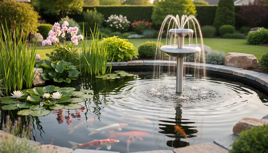 Interactive fountain integrated into established water garden with lily pads and aquatic plants