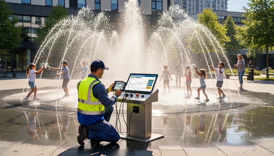 Homeowner performing routine maintenance on interactive fountain system controls