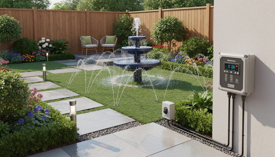 Close-up of interactive fountain sensor and pump equipment installed in water feature