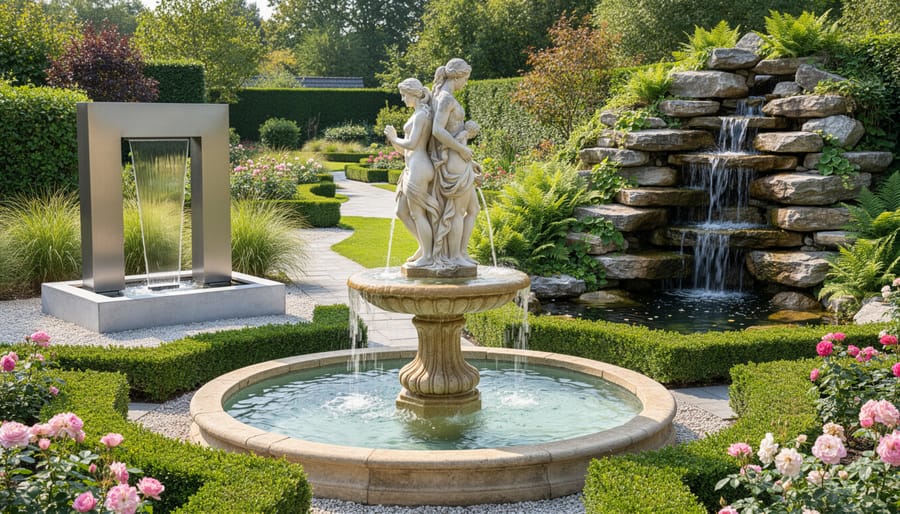 Variety of fountain styles including classical, modern, natural, and floating designs in garden settings