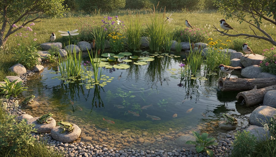 Garden habitat pond showing shallow shelves with marginal plants and deeper water zones